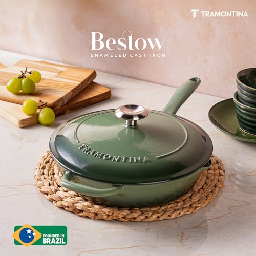 Image of TRAMONTINA Bestow Fry Pan 30 cm with Lid | Enameled Cast Iron Cookware | Even Heat Retention | Low Oil Healthy Cooking | No Seasoning Required | Stainless Steel Knob | All Cooktops Compatible | Green
