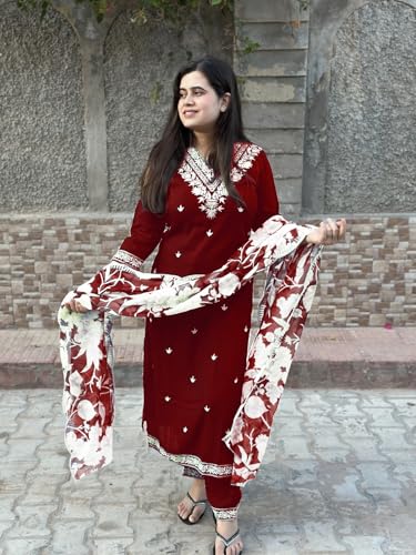 Image of GoSriKi Women's Rayon Blend Straight Embroidered Kurta with Pant & Dupatta