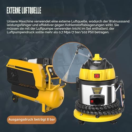 AUTOOL Walnuss Strahlgerät, Mobiles Sandstrahlgerät Automotor Einlassventil Reinigungsmaschin Motorkohlenstoffentferner, 220V Walnussstrahlgerät Kfz mit 2kg Sandstrahl, 23 Adapter