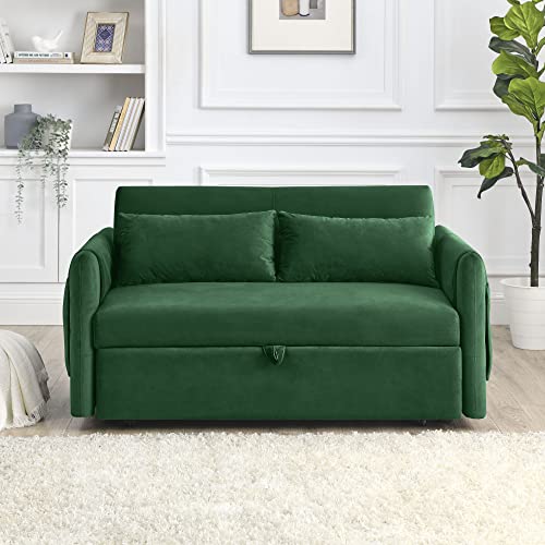 Holaki Convertible Velvet Sleeper Sofa Bed,55" Velvet Loveseat Sofa Modern Pull Out Sofa Bed Lounge Chaise With Adjustable Backrest,Grid Design Armrests And 2 Pillows,For Home Office(Green) #TOP6