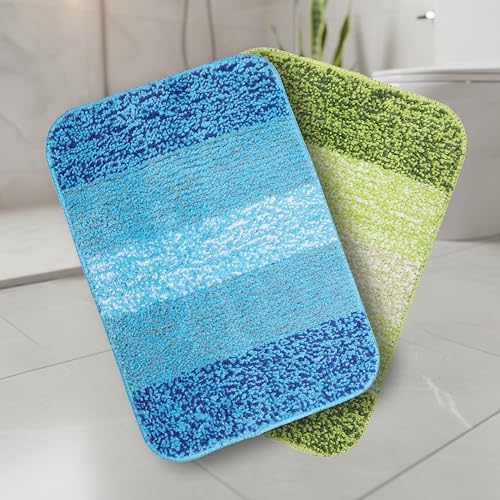Image of SARAL HOME EASY LIVING Microfiber Striped Anti-Skid Bath Rectangular Mats, 35x50 CM|Set of 2(Turquoise & Green)