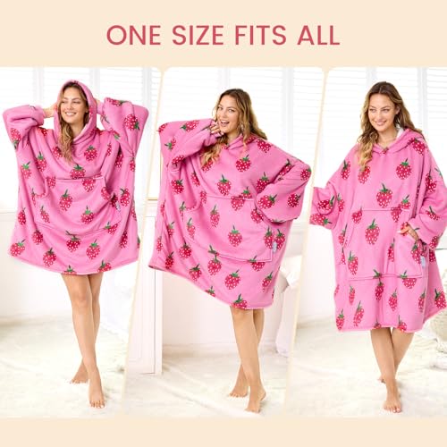 MIZZEO Microfiber Wearable Blanket, Oversized Light Wearable Blanket Hoodie for Adults, Cozy Soft Warm Plush Hooded Blanket Gifts for Women, One Size Fits All (Strawberry)