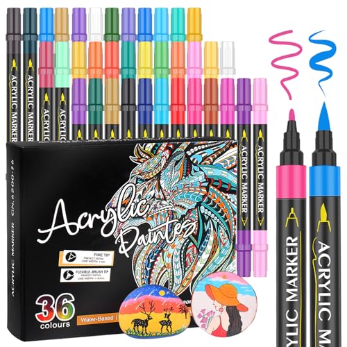 EscriWise 36 Colors Acrylic Paint Pens Markers,Dual Tip Paint Markers With Fine Tip and Brush Tip,Paint Pens for Rock Painting,Wood,Glass,Canvas,Stone,Ceramic,Art Supplies