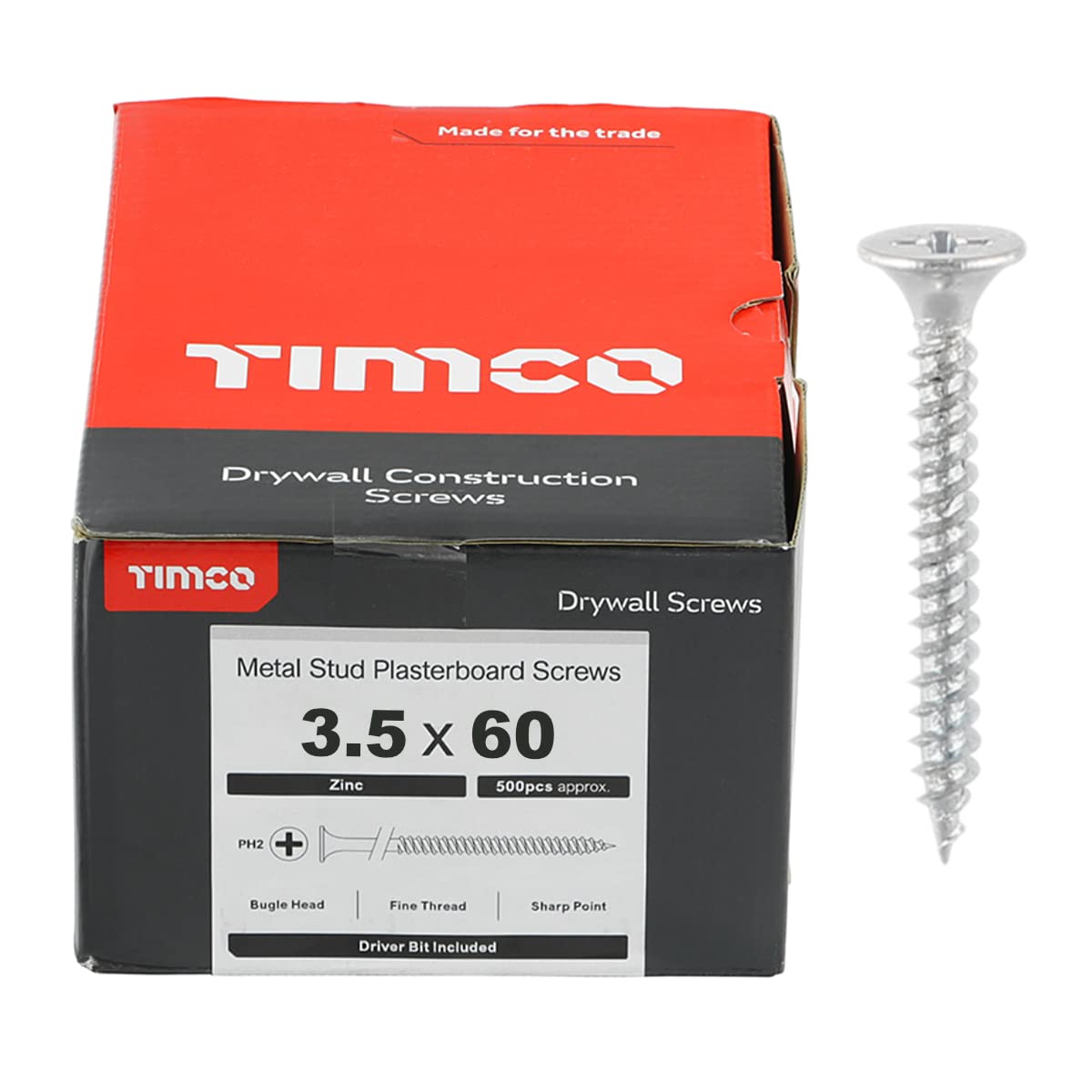 Timco 00060Dryz Drywall Screw Ph2 Bzp 3.5 X 60Mm Box Of 500 5055017510399