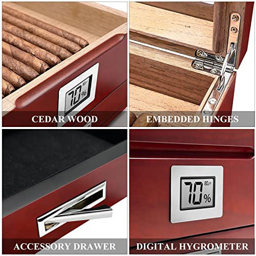 Flauno Glass Top Cigar Humidor - Cedar Wood Humidor Cigar Box With Digital Hygrometer, Humidifier, Accessory Drawer, Cigar Storage Case Holds 25-50 Cigars #TOP3