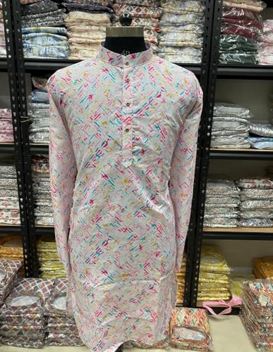 Image of FOXDX Men's Cotton Blend Printed Long Kurta Suitable for All Indian Wedding, Occasions, and Festivals