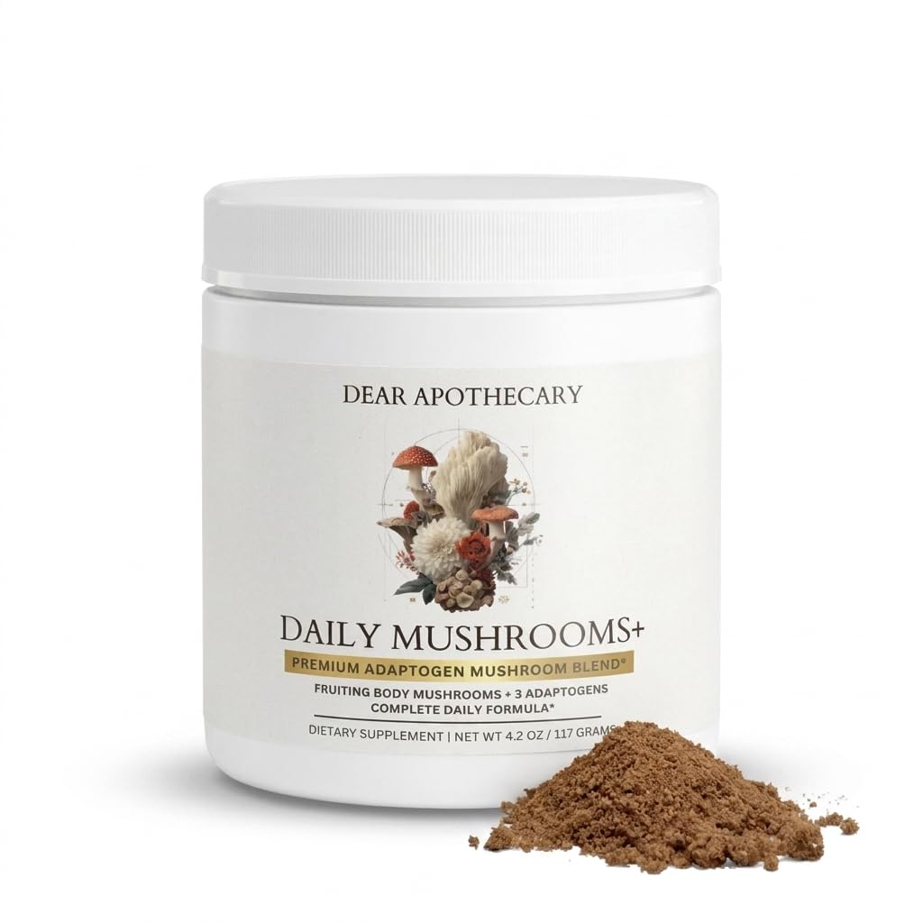 Daily Mushrooms+ Organic Mushroom Powder | 7 Fruiting Body Extracts + Adaptogens | Lion's Mane, Reishi, Cordyceps, Chaga | 60 Servings