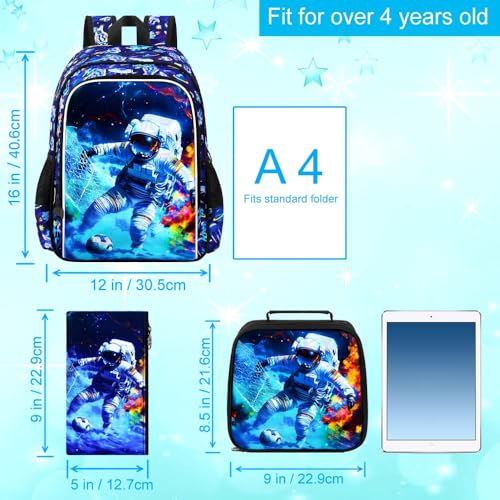 Image of HPJGD 3PCS Boys Astronaut Bookbag, Water Resistant Kids School Bag Set with Lunch Box, Cool Backpack for Elementary Preschool Toddler - Soccer Astronaut