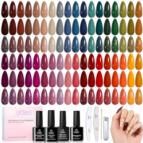 Image of Beetles Fall Gel Polish Set - Waltz of Leaves Collection, 36 Autumn Colors Purple Green Colors Gel Polish Set With Base and Glossy Matte Glitter Top Coat Soak Off UV Led Gifts for Women