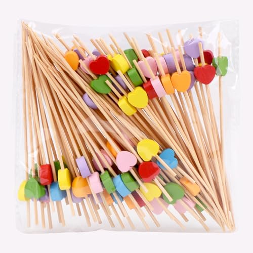 JtmyAota 100 Pack Fruit Toothpicks, Heart-Shaped Bamboo Cocktail Picks, Natural Bamboo Toothpicks for Appetizers Fruit Cake Dessert Barbecue Snacks Sandwiches (Multicolor)