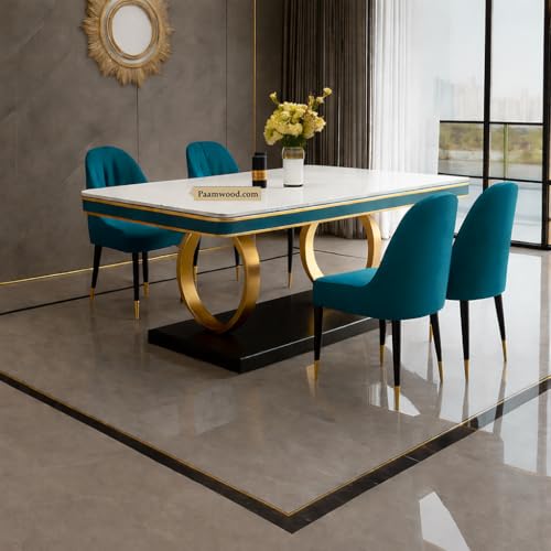 Image of Ring Dining Table Set 4 Seater Marble Finish Dining Table Set with Gold Metal Base & Cushioned Chairs - 2yr Warranty - Modern Dining Table for Home & Kitchen (54 x 36 x 30 Inch) (Sea Blue)