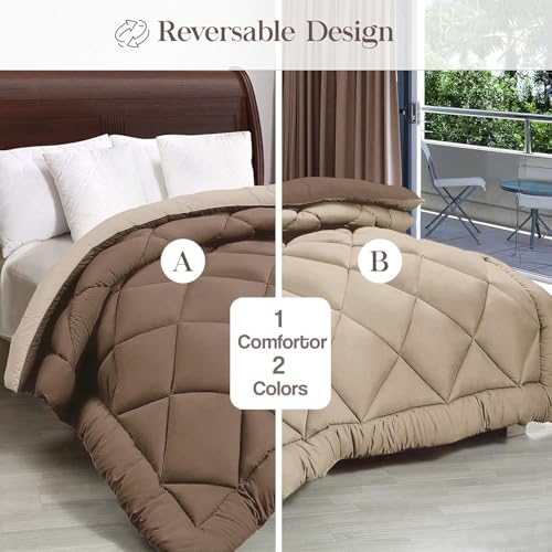 Image of THE HOME STYLE Solid Plain Cotton Feel Fitted Bedsheet (72x78 inches) with Reversible Comforter (90x100 inches) | King Size | 2 Pillow Covers | 300 TC | 4-Piece Bedding Set (Coco)