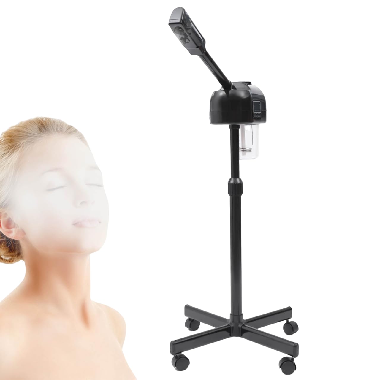 Vaporizador facial vertical de ozono para sauna facial de 750 W – giratorio 360 ° con ajuste de altura (58 – 68 cm), pantalla LCD y depósito de 600 ml – PTC vapor caliente y frío para limpieza