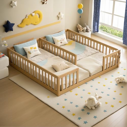 PVWIIK Double Frame Twin Size Floor Bed with Fence for Kid Girls & Boys Montessori Wood Bed Frame w/Safety Guardrails & Easy Assemble Natural