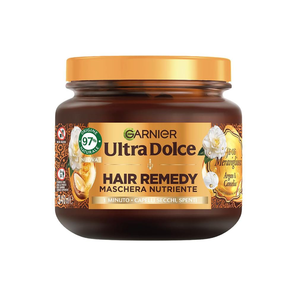 Garnier Ultra Dolce Maschera Nutriente, Per Capelli Secchi e Spenti, Azione In 1 Minuto, Con Olio di Argan Bio e Olio di Camelia, Gli Oli Meravigliosi, Hair Remedy, 340 ml