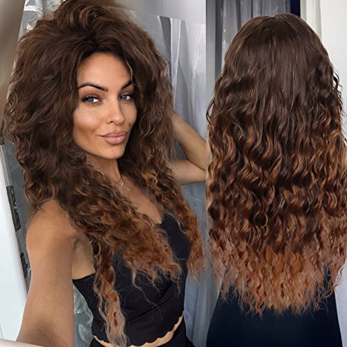 Image of GNIMEGIL Natural Brown Wigs Long Curly Wavy Wig for Women Loose Wave Layered Hair Heat Resistant Synthetic Wig Halloween Wigs for Daily Carnival Party