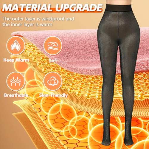 Image of Caprilite Women Fleece Lined Tights-Fake Translucent Leggings High Waist Pantyhose Sheer Thick Warm Tights For Winter