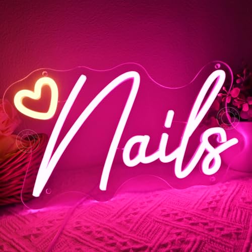 Image of SYLHOME Led Neon Light Sign Nails With Heart Nail Studio Beauty Salon Business Makeup Room Wall Sign Decor Birthday Party Backdrop 11.81 inch X 6.7 inch USB