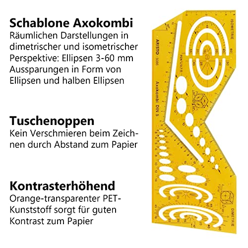 Aristo AR5086 Schablone Axokombi 1 (Zeichnen von räumlichen Darstellungen in dimetrischer und isometrischer Perspektive, Kunststoff) orange-transparent