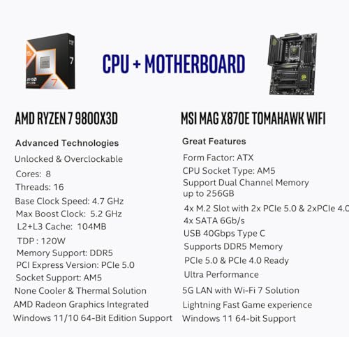 Image of Micro Center AMD Ryzen 7 9800X3D CPU Processor with MSI MAG X870E Tomahawk WiFi ATX Motherboard (DDR5, PCIe 5.0, M.2 Gen5, Wi-Fi 7, 5G LAN)