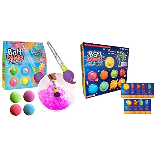 Baff Bombz Magic Brush from Zimpli Kids, 4 x Bath Bombs, Magically Paint Your Bath Water, Creative Bath Toy for Children & 9 x Solar System Bath Bombs Gift Set, 9 x Planetary Fact Cards