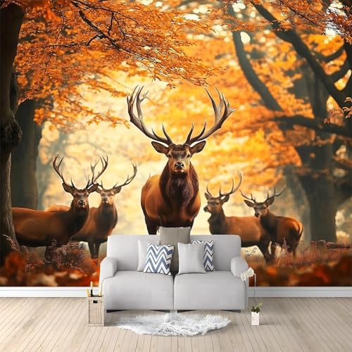 Papier Peint Panoramique Moderne, Cerf Animal De La Forêt D'Automne, 200x140 cm, Intissé, Tapisserie Photo, Papier Peint Mural pour Salon, Chambre, Fond...
