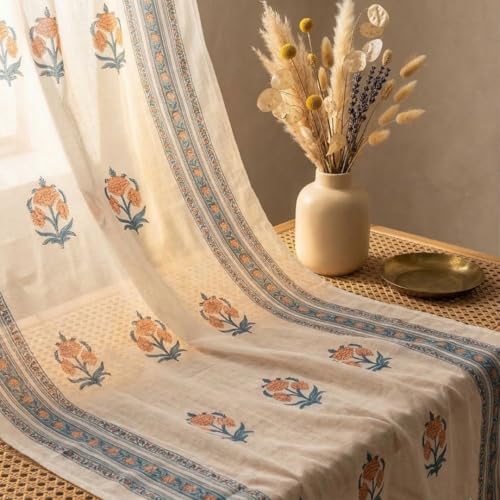 Image of Peepul Tree Pure Cotton and fine Mulmul Curtain Set of 2 Handwoven and 1 Sheer Curtain | Blue and Dusty Pink | 7 ft| Set of 3 | Royal Courtyards Collection