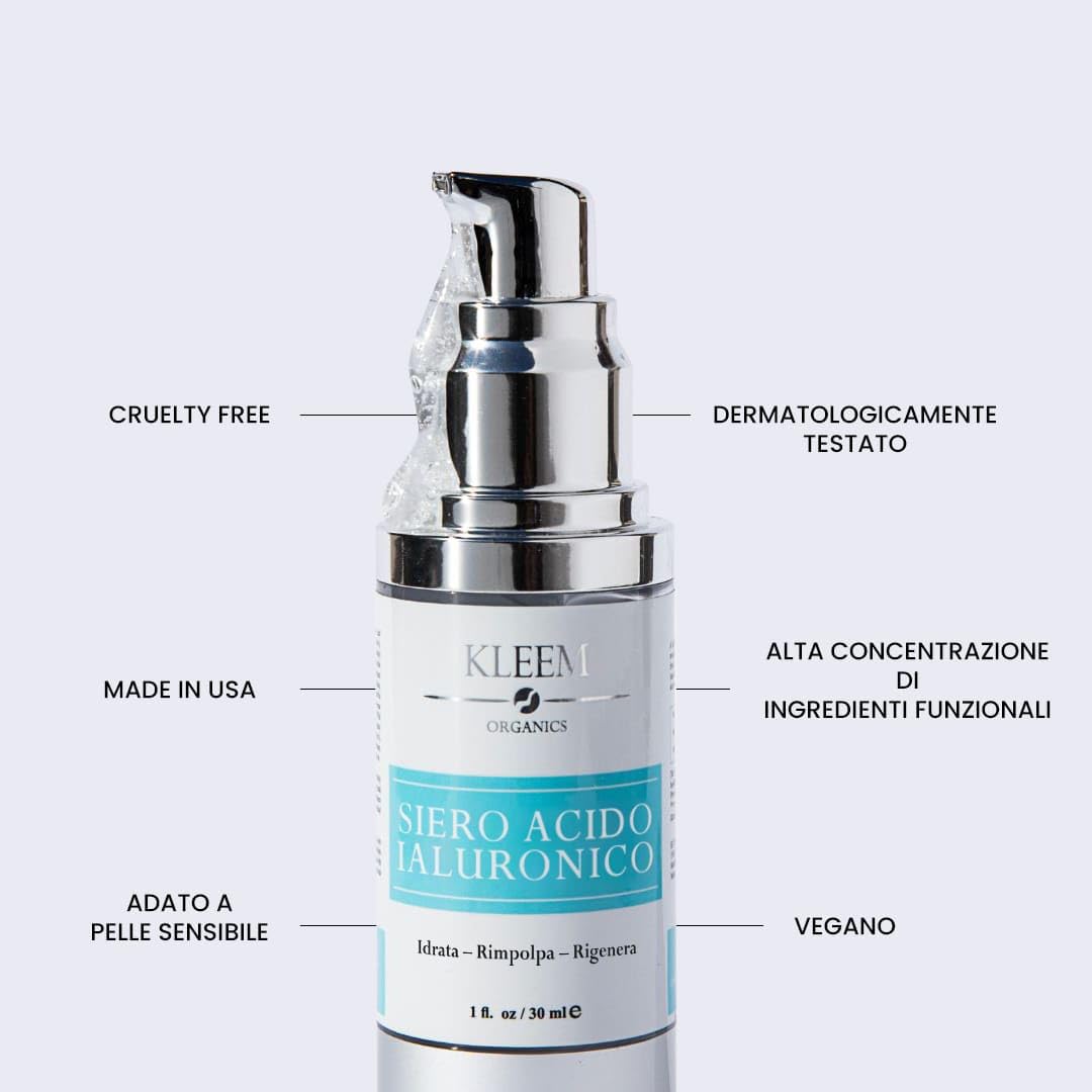 Kleem Siero Acido Ialuronico Viso Idratante e Rimpolpante con Acido Ialuronico all’1.8% – Siero Viso Antirughe ad Alta Efficacia per una Pelle più Elastica - Bio & Vegano - Idratazione 24H