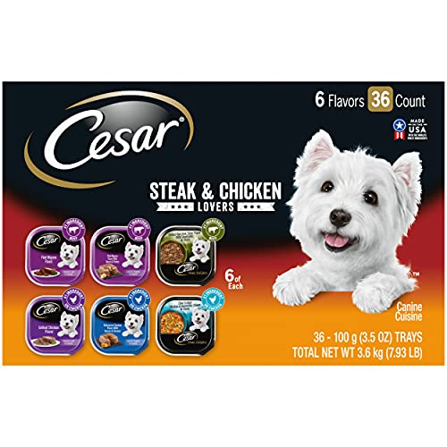 CESAR Wet Dog Food Steak and Chicken Lovers Variety Pack with Real Meat or Real Chicken, (36) 3.5 oz. Easy Peel Trays
