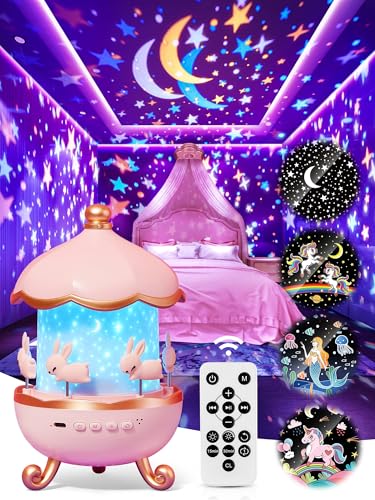 Image of Carousel Night Light for Kids, 15 Music+15 Films+315 Colors Star Projector for Kids Night Light Projector, 360°+Remote+1200mah Unicorn Toys for Girls Room Decor, Baby Learning Toys Easter Gifts Bunny