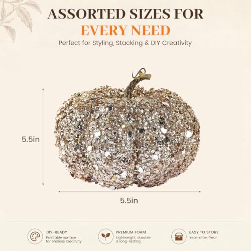 Image of DomeStar Artificial Glitter Pumpkin, Gold Pumpkin Harvest Table Centerpiece | Fall, Halloween & Thanksgiving Decorations
