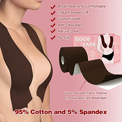 Boob Tape for Large Breasts 4 inch, Boobytape for Breast Lift Plus Size D-G Cup, Push Up Tape Breast Lifting w Silicon Nipple Covers Satin Pasties Brown2