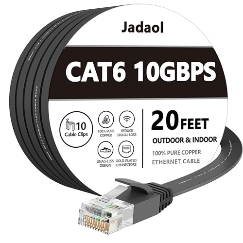 Jadaol Cat 6 Ethernet Cable 20 ft, 10Gbps Support Cat8 Cat7 Network, Flat RJ45 LAN Patch Cable, High-Speed Wired Internet Cable for Router, Modem, Switch, Gaming Consoles, PC, Streaming Devices, Black