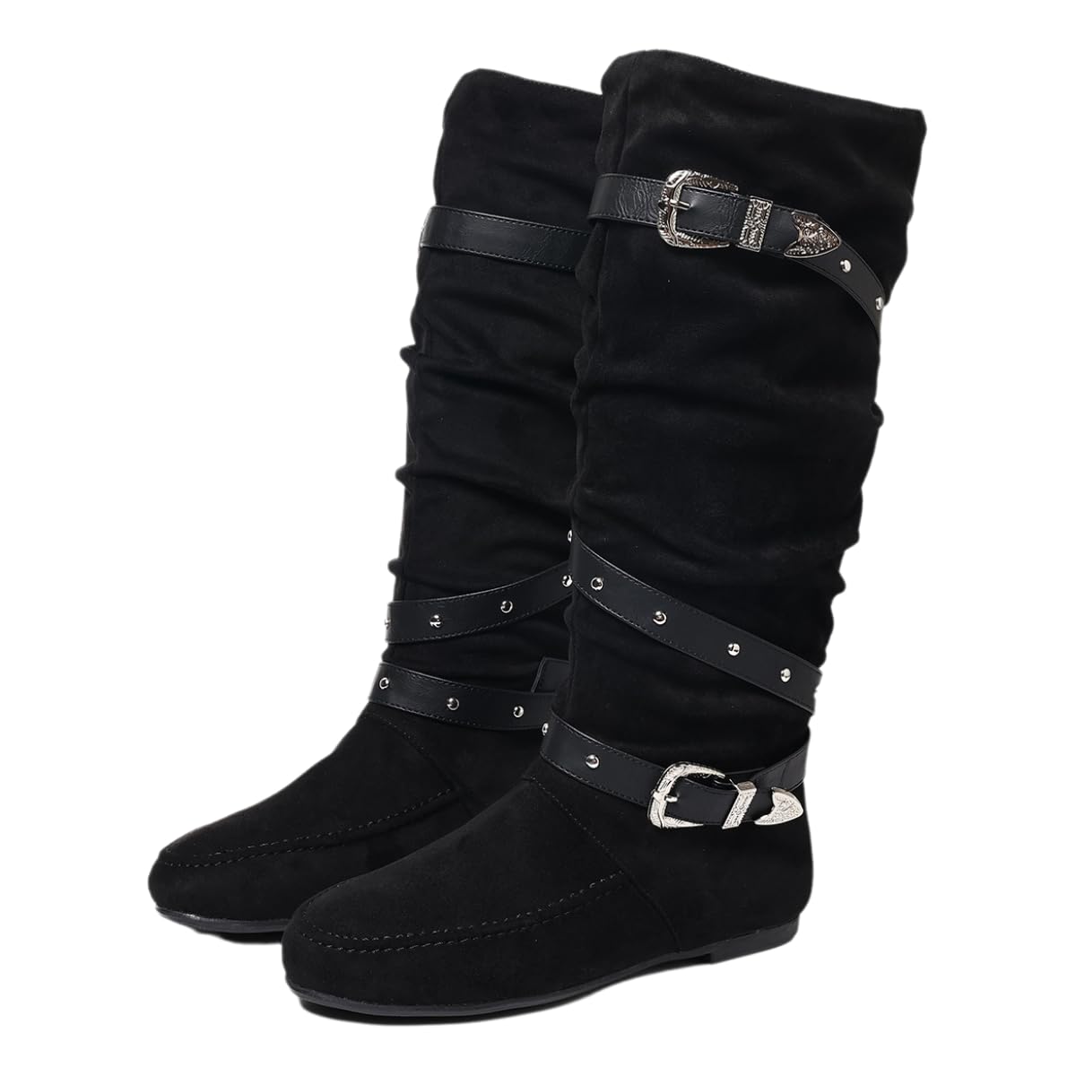 Womens Knee High Slouch Boots with Pleats Rivets Belt Buckle Circles - Wide Calf 42cm Flat Heel Comfort