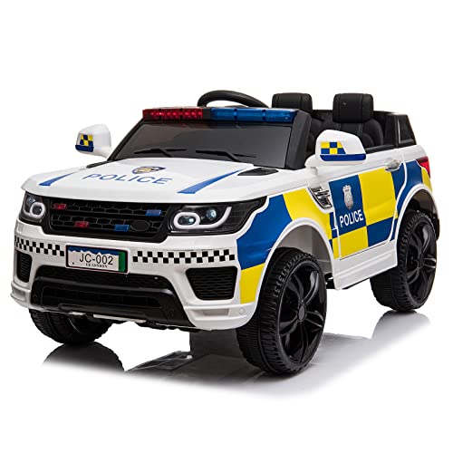 Karl home 12V Electric Car for Kids Ride on Police Car with 2 Motors Parental Remote Control LED Lights Siren MP3 3 Speeds for Toddlers White