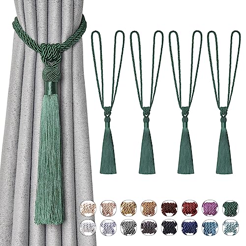Pretty Jolly 4 Pack Long Tassel Curtain Tiebacks Handmade Braided Rope Knot Drape Tie Backs European Style Decorative Curtain Holdbacks for Home & Office Window Drapery (Green)