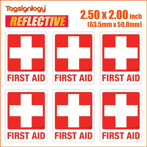 Image of [Reflective] First AID UV Weatherproof Vinyl Stickers (6 pcs) (2.50 x 2.00 inch) High Visibility Engineer Grade [12-Year Fade-Proof Guarantee] Medical Box Safety Kit Label Sign