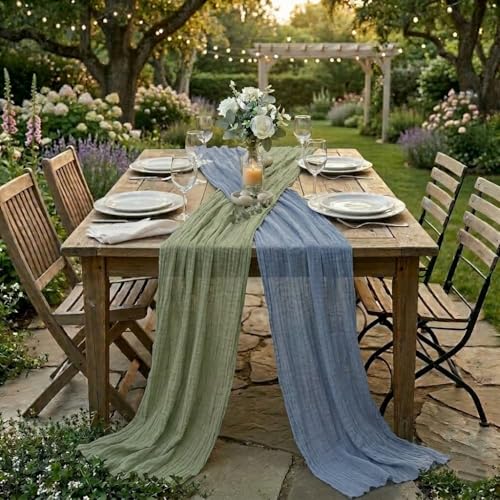 Cheesecloth Table Runner 2 Pack Sage Green and Dusty Blue, Boho Gauze Table Runner 10Ft 120 Inches Long for Wedding Decor, Party & Home Table Decoration