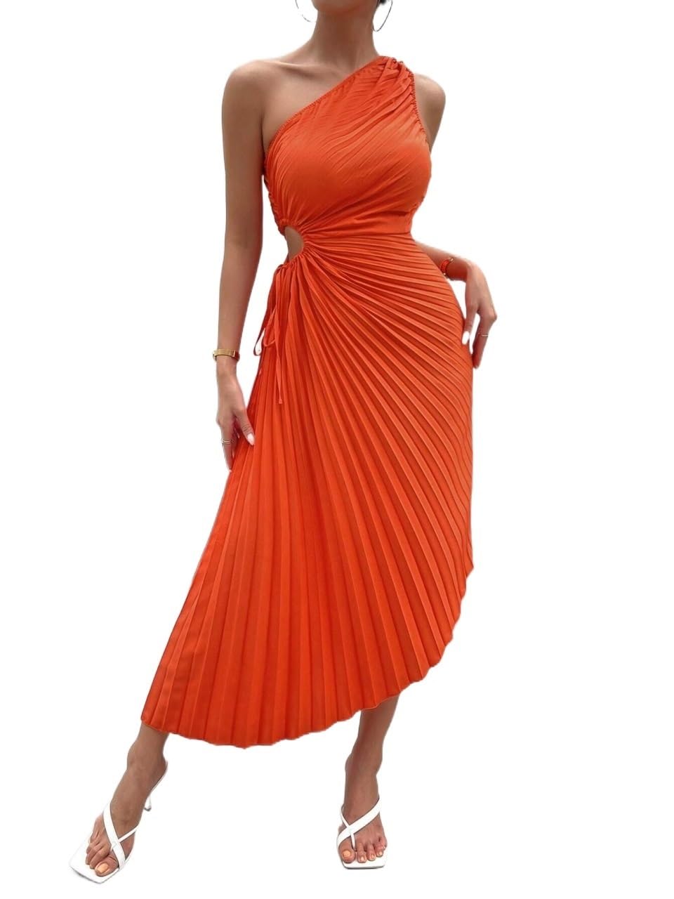 One Shoulder Cut Out Waist Pleated Asymmetrical Hem Dress (Color : Orange,  Size : X-Small) : Amazon.ca: Clothing, Shoes & Accessories