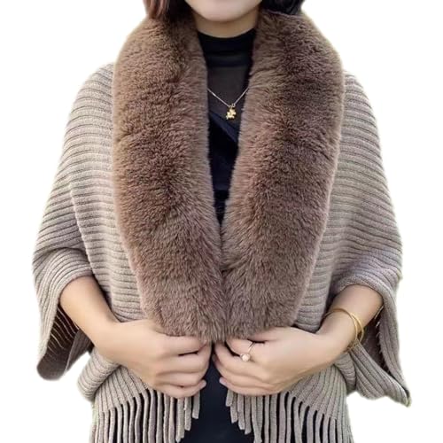 Ladies Knitted Loose Thickened Shawl Coat, Knit Fringe Cape Shawl Fur Collar Cape, Winter Knit Fringe Fur Collar Shawl (One Size, Khaki)
