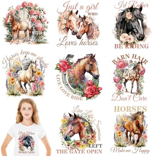 Dazoratix Horse Rub on Transfers - 9 Sheets Flower Heat Transfer Vinyl Stickers for T-Shirt Press Retro Funny Quotes DTF Iron Patches for DIY Applique Art Craft Pillow Covers Clothing Fabric Decor