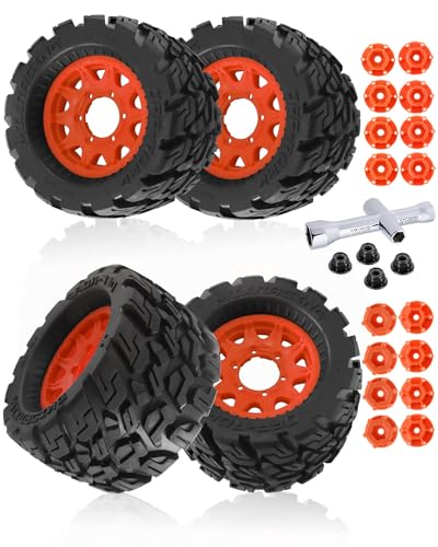 RCHuiWow RC Tires for 1/10 Stampede Rustler Hoss,1/10 Granite Vorteks Big Rock,1/10 Axia1 L0S1 Red cat Rc 4wd,12mm/14mm Hex Rc Truck Wheel and Tires,4Pack(Orange)