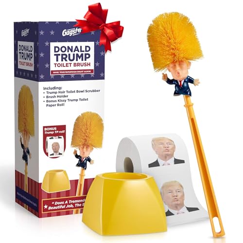 Trump Toilet Bowl Cleaner & Scrubber Set by Gagster – Democrat & Republican Bathroom Essentials Bundle – Trump Look-Alike Brush & 3-Ply Tissue Paper Roll – Top Political Gag Gift for Laughter
