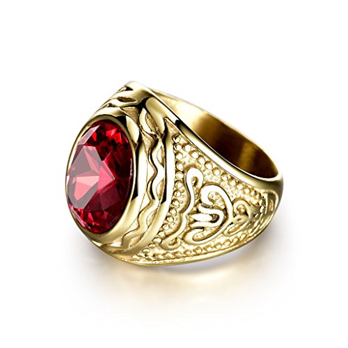 MASOP Lunxury Engraved Stainless Steel Mens Ring Red Synthetic Ruby Crystal Gold Color Wedding Band Rings2