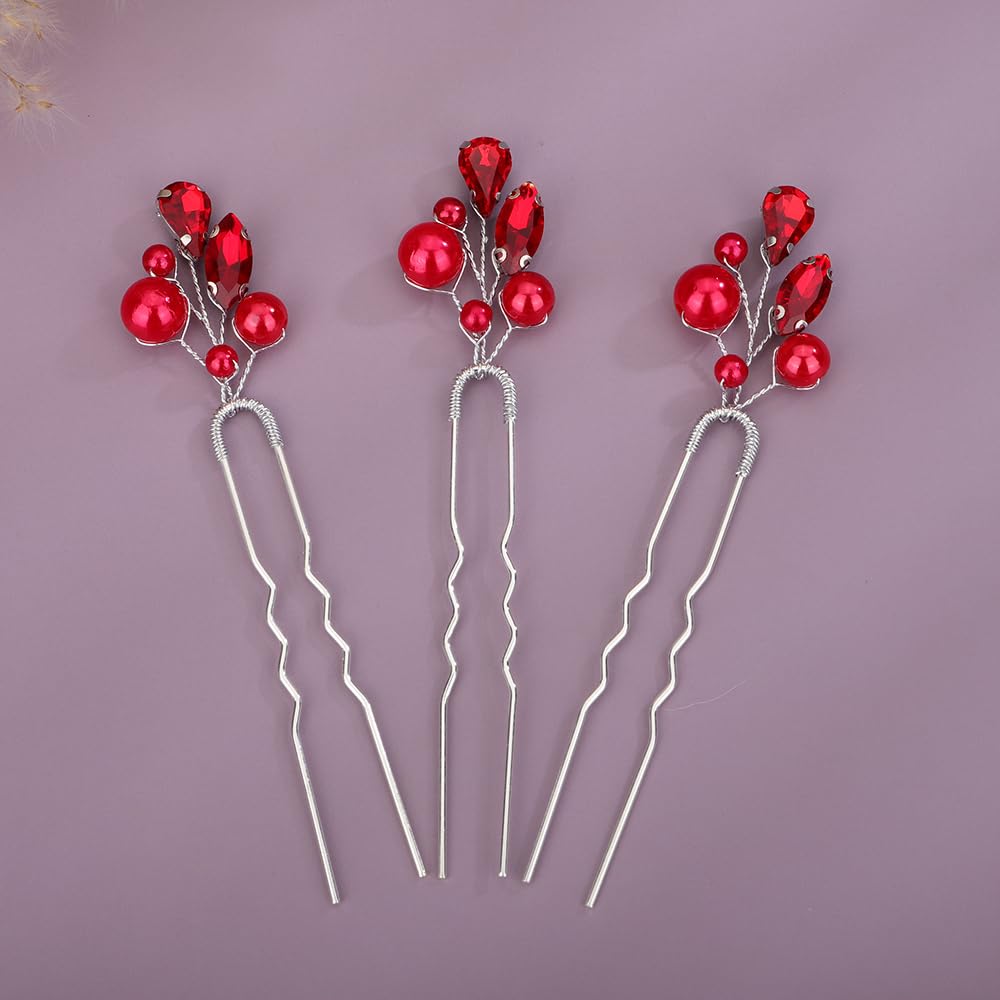 Teyglen Crystal Bride Wedding Hair Pins Red Pearl Hair Pins Clips Wedding Hair Accessories for Bride Rhinestone Pearl Headpiece Crystal Bridal Hair Piece for Women Girls (Red)