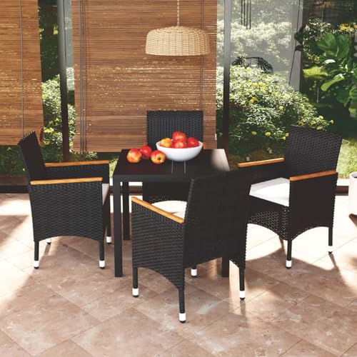 Homgoday Juego Muebles jardín 5 pzas con Cojines ratán sintético Negro Conjunto Mesa y sillas Jardin Rattan Garden Furniture para jardín, terraza, Exterior Longitud Mesa 80 cm