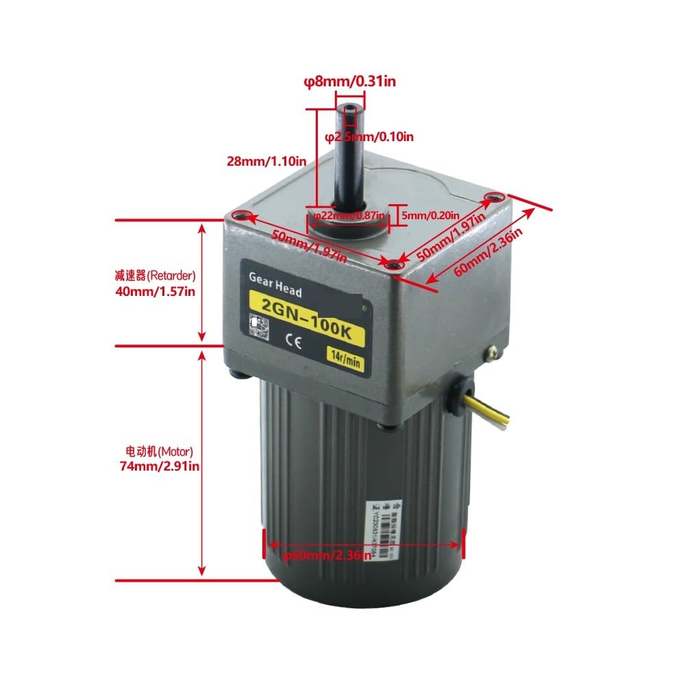 Micromotor de CA de 6 W, 110 V, 220 V, monofásico, asíncrono, con Engranajes, Eje de 8 mm, 5 RPM-1400 RPM, máx. 3 NM, for Embalaje.(220v,78 RPM)