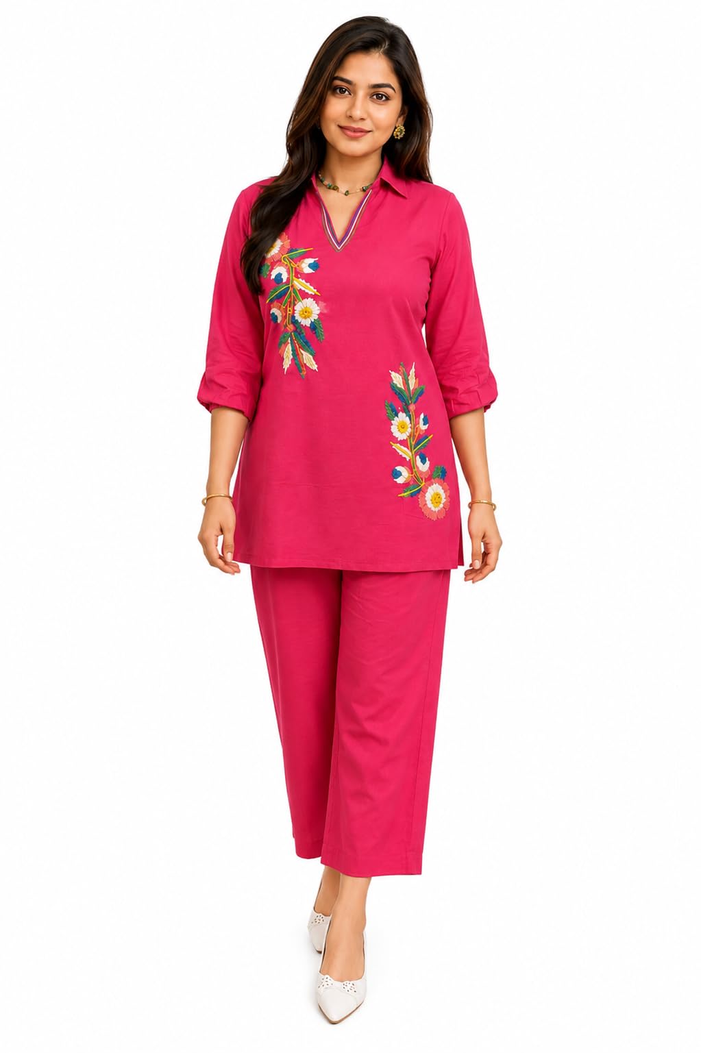 Women's Embroidered Kurti Pant Set | Floral Embroidered Straight Kurta with Matching Pants | V-Neck | 3/4 Sleeves | Soft Comfortable Fabric | Casual & Office Wear-image-33