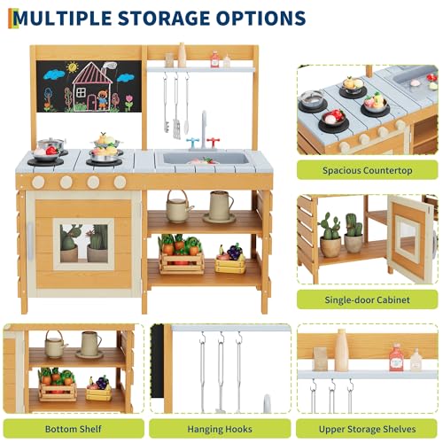 Mud Kitchen for Kids Outdoor Wooden Pretend Play Kitchen Set with See-Through Planter Box, Removable Sink & Faucet, Chalkboard, Storage Shelves＆Pretend Stove Montessori Learning Playset Toy for Toddle