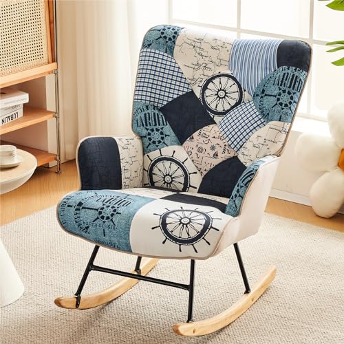Image of Fahomiss Nursery Rocking Chair - Accent Rocking Chair for Nursery, 330lbs Weight Capacity Glider Rocking Chair Upholstered with Patchwork Linen Fabric for Living Room Bedroom(x1, Voyage Blue)